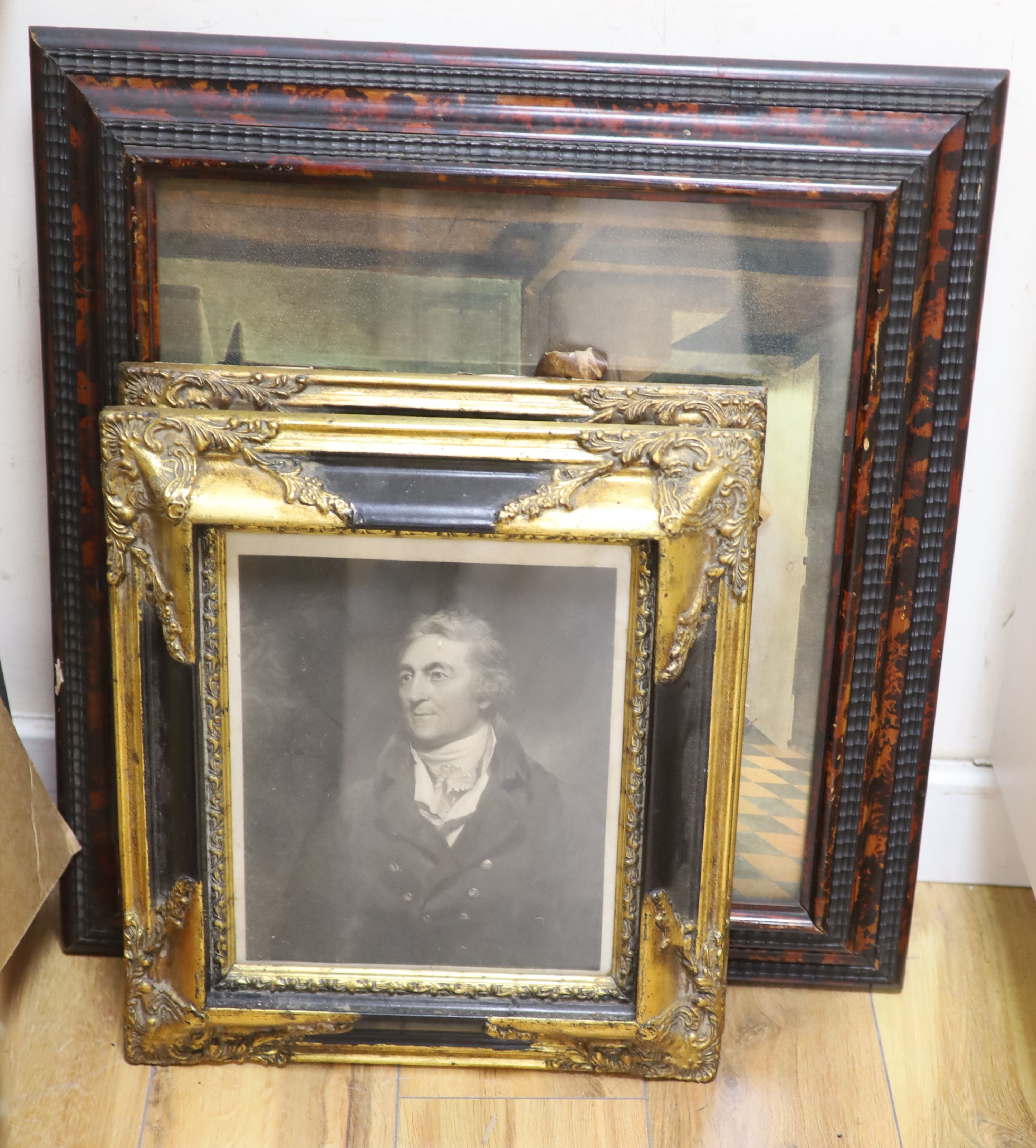 Two 17th century style simulated red tortoiseshell picture frames, largest aperture 46 x 42cm and a pair of modern parcel gilt frames